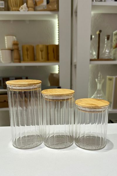 Seyese Vacuum Bamboo Lid Glass Jar Set - 3 Sizes Spices, Pulses Storage