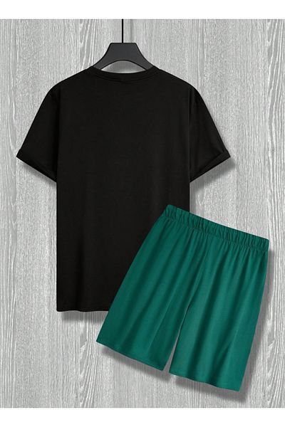LEONE KOLEKSİYON Black&Green Tropical Printed Short Sleeve T-Shirt and Shorts Two-Piece Set