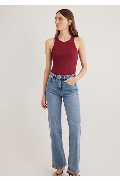 Mavi tricou de bază fără mâneci slim fit cu guler halter