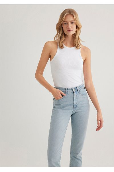 Mavi tricou de bază fără mâneci slim fit cu gât cu halter