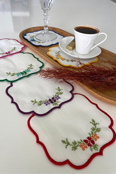 Hevia Home 6 Adet Nakışlı Kahve Yanı Sunum Peçetesi Kokteyl Peçetesi & Bardak Altlığı & Sunumluk