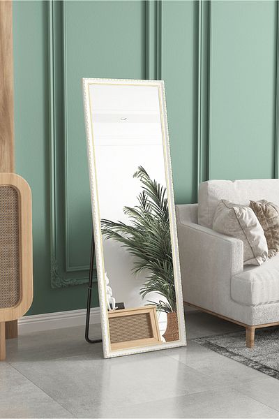 Generic Full-Length Mirror Floor Metal Mirror with Wooden Style160x50cm White/Gold