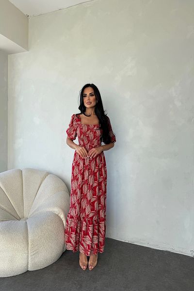 LİLA İSTANBUL Square Neck Watermelon Sleeve Gimped Ethnic Patterned Summer Dress