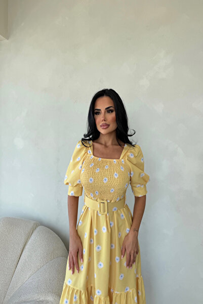 LİLA İSTANBUL Kare Yaka Kemerli Papatya Desenli Yazlık Elbise