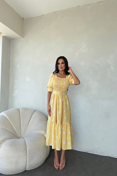 LİLA İSTANBUL Square Neck Belted Daisy Patterned Summer Dress