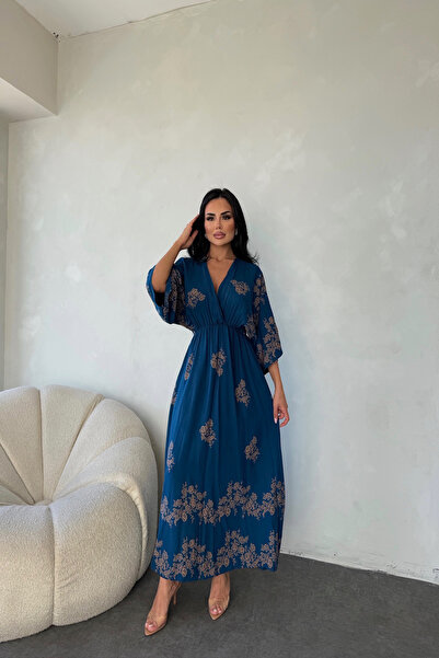 LİLA İSTANBUL Двобортний комір з віскозної тканини з рукавом летюча миша з етнічним візерунком