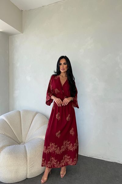 LİLA İSTANBUL Double Breasted Collar Viscose Fabric Bat Sleeve Ethnic Patterned Summer Dress