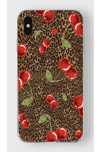 moonset Iphone XS Max Uyumlu Leopar ve Kiraz Tasarımlı Baskılı Şeffaf Telefon...