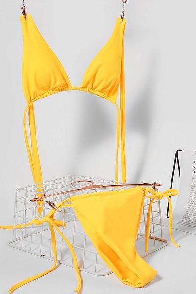 emosavm Women's Yellow Side Tie Thong Triangle Bikini Swimsuit Set