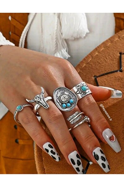 Freya Mavi Taşlı Antik Boğa Figür Kovboy Bohem Yüzük Seti