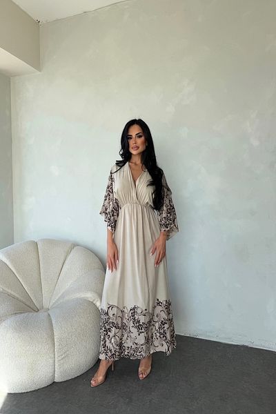 LİLA İSTANBUL Double Breasted Collar Viscose Fabric Bat Sleeve Ethnic Patterned Summer Dress