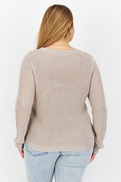 comma Women Round Neck Long Sleeve Knitted Sweater, Light Gold