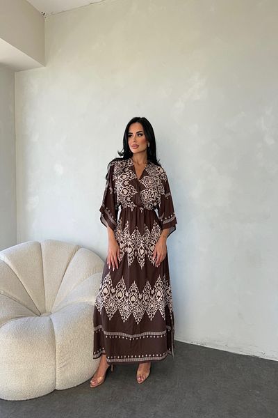 LİLA İSTANBUL Double Breasted Collar Viscose Fabric Bat Sleeve Ethnic Patterned Summer Dress
