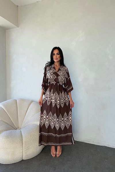 LİLA İSTANBUL Double Breasted Collar Viscose Fabric Bat Sleeve Ethnic Patterned Summer Dress