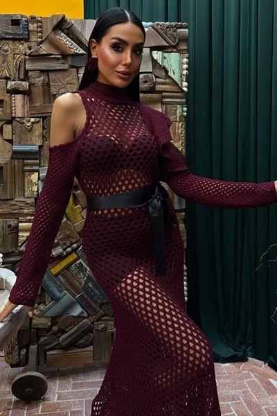 modaserdem Satin Belted Openwork Knitwear Dress 2847