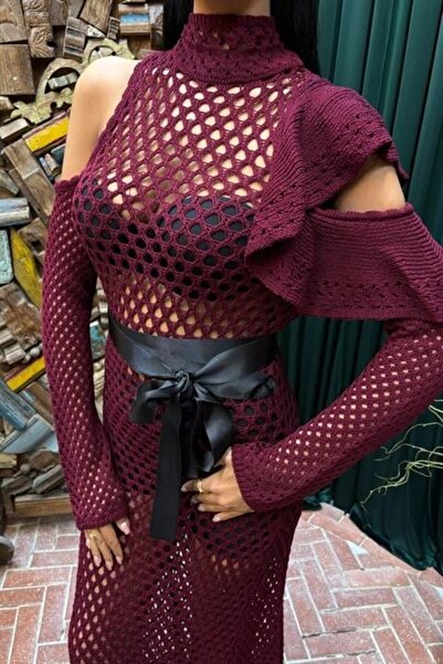 Livizmir Moda Turega Style Satin Belted Lace-Like Knit Knitwear Dress 2847