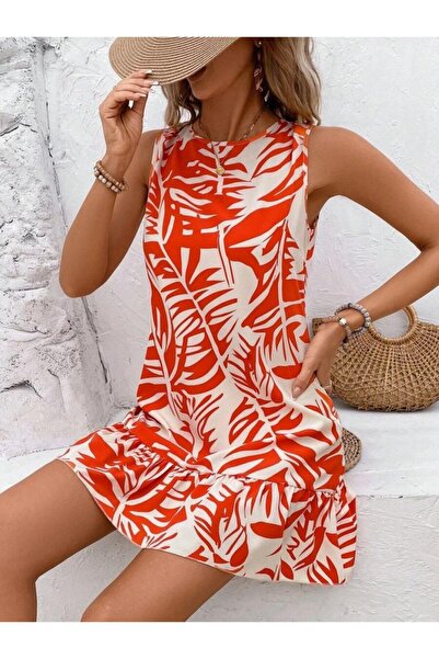 Viyamo New Season Women's Zero Sleeve Crew Neck Ruffle Patterned Sofia Dress