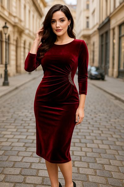 Moka Shopin Mokashopin Women's Long Sleeve Open Collar Side Gathered Stone Detail Midi Velvet Dress