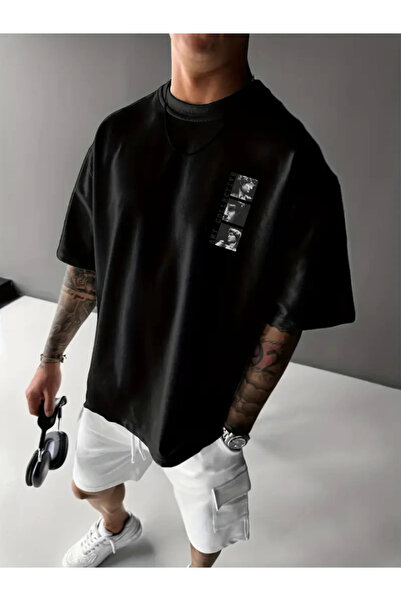 novafems Printed Oversize Crew Neck T-Shirt - Black