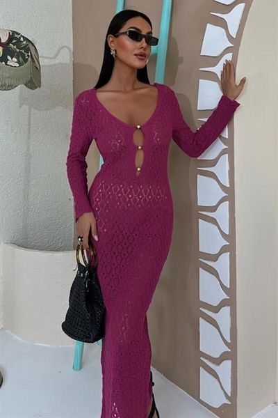 MRA Fashion Knitwear Dress with Chest Accessories and Window 2852
