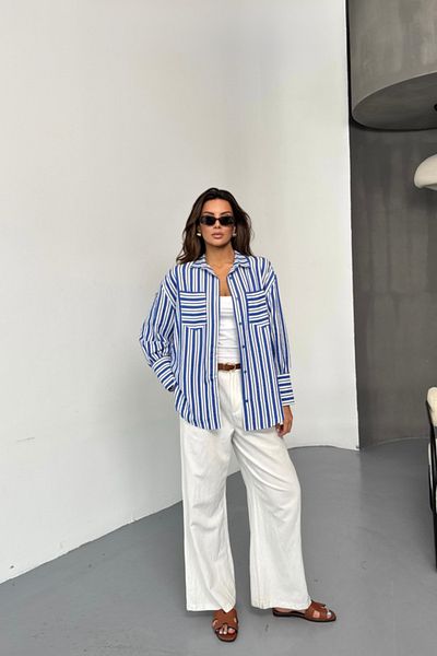 MODAVERA Striped Shirt - Navy Blue
