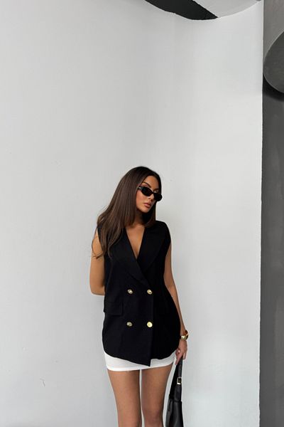 modaserdem Linen Vest with Gold Buttons - Black