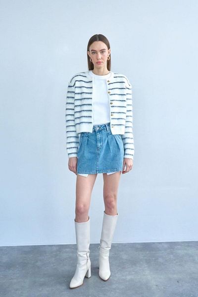modaserdem Ruffled Thin Striped Cardigan - Bone-Navy Blue