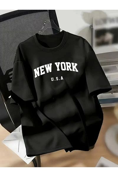 CVS تي شيرت 20/1 من القطن الممشط Compack New York مطبوع بأكمام قصيرة ورقبة دائرية - أسود