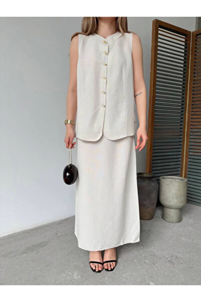 Simala Women's Linen Sleeveless Cardigan Skirt Stylish Double Set