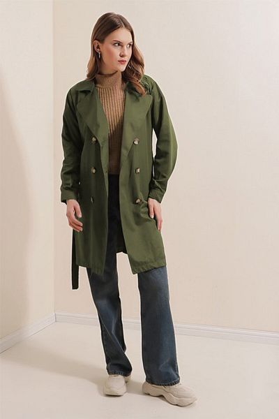 MRA Fashion 5864 Double Breasted Collar Short Trench Coat - Khaki
