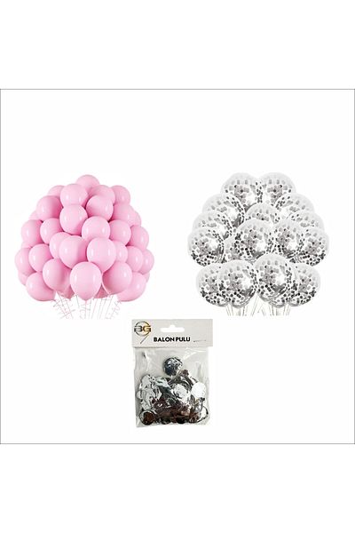 ZENVİVA 10 Pieces Pink and 10 Pieces Transparent Balloon Set with 1 Piece Silver Confeti