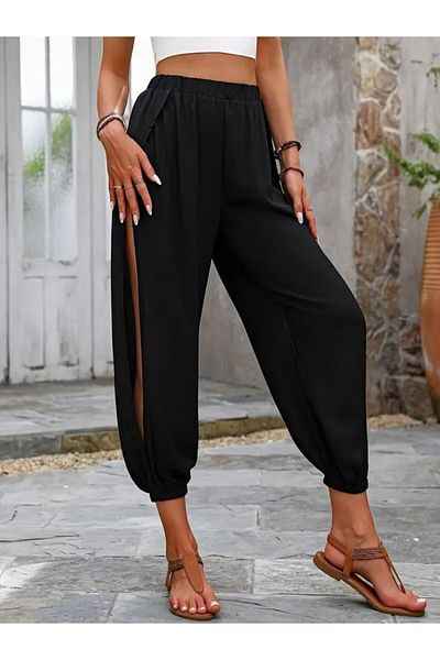 Viyamo Women's High Waisted Side Cross Detail Slit Viscose Trousers