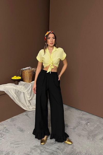 COTTONLAB Black Ruffled Linen Trousers