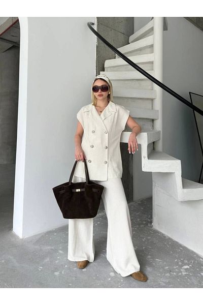 MODAVERA Linen Zero Sleeve Blezer Jacket Trousers Double Set - White