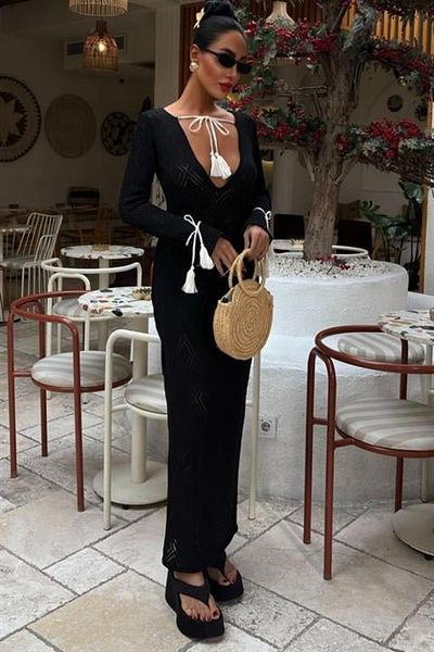 modaserdem Women's Tassel Lace Detailed V-Neck Openwork Summer-Comfortable-Daily Dress