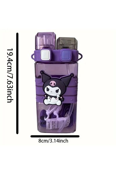 ada çanta kırtasiye Kuromi Figured Children's Water Bottle Flask 520ml with Strap, Two Compartments Cover Plastic Ad1418