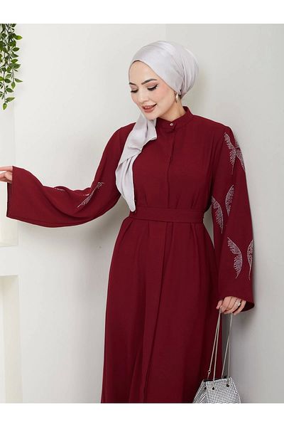 EFSUN MODA Γυναικείο φόρεμα Ferace με μπορντό πέτρα Abaya Hijab Clothing