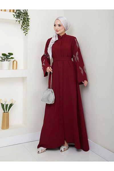 EFSUN MODA Γυναικείο φόρεμα Ferace με μπορντό πέτρα Abaya Hijab Clothing