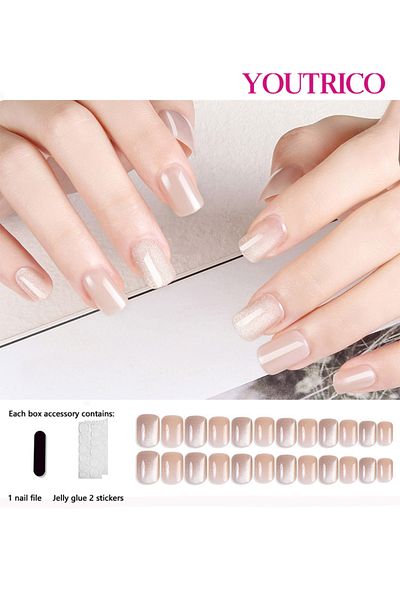Youtrico 24 Press On Nails,ladies Solid Cat Eye, High Glitter Pink,short Square Round Nails
