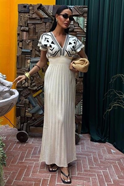 Butik Rochie tricotată cu model etnic cu guler adânc 2843