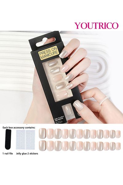 Youtrico 24 Press On Nails,ladies Solid Cat Eye, High Glitter Pink,short Square Round Nails