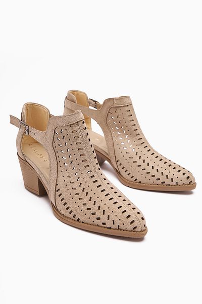 Limoya Julian Beige Suede Perforated Thick Heeled Women's Western Summer Boots