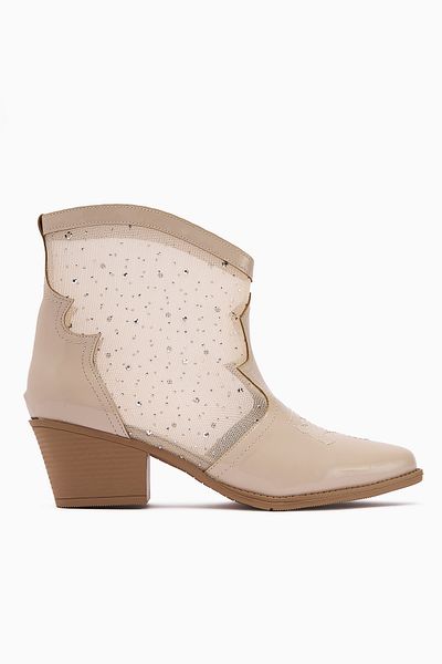 Limoya Rudi Beige Patent Leather Embroidered Western Women's Stone Summer Boots