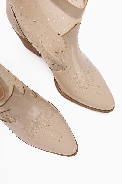 Limoya Rudi Bej Rugan Nakışlı Western Kadın Taşlı Yazlık Bot