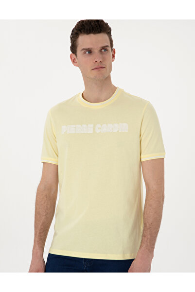 Pierre Cardin Pi̇erre Cardi̇n Men's Cycling Collar Printed 100% Cotton Yellow T-Shirt
