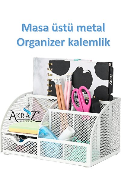 Akraz Art Design MASA ÜSTÜ METAL KALEMLİK BEYAZ YEDİ GÖZLÜ (MASA SETİ DÜZENLE...