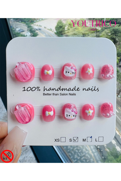 Youtrico أظافر أطفال لاصقة مصنوعة يدويًا بنسبة 100%، آيس كريم بار KT أخضر، آم...