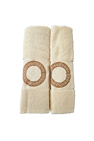 Kotonia Home Set of 2 jacquard bath towels with embroidery, 100% cotton, 50×90 cm and 70×140 cm, ivory, 006