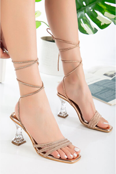 Felisya Butik Parlak Taşlı Bilekten Bağlamalı Topuklu Sandalet Altın- FelisyaButik