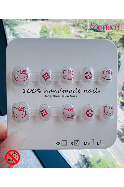 Youtrico أظافر لاصقة للأطفال مصنوعة يدويًا بنسبة 100%، هالو كيتي، خضراء، غير ...